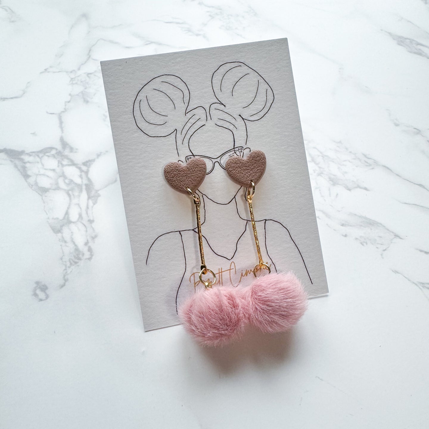 Rose Tan Heart Pom Pom Earrings